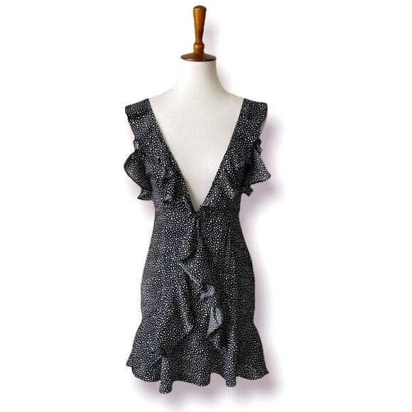 A World Away black star pattern ruffle open back plunge mini dress small 2 4 - Picture 1 of 12